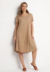 Ciemnobeżowa Rozkloszowana Wiskozowa Sukienka Trivoria. Brązowe sukienki Born2be, na co dzień, l, bez wzorów, z materiału, eleganckie, bez kołnierzyka, bez ramiączek, midi, rozkloszowane. Za 54.99 zł.