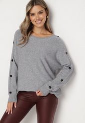 Szary Sweter z Dodatkiem Bawełny i Wiskozy z Guzikami na Rękawach Ciasine. Szare swetry Born2be, l, bez wzorów, z bawełny, bez ramiączek. Za 74.99 zł.