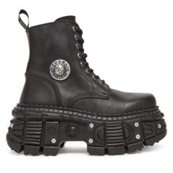 Trzewiki NEW ROCK. Czarne botki NEW ROCK, bez wzorów, bez obcasa, na koturnie, bez zapięcia. Za 1,229.00 zł.
