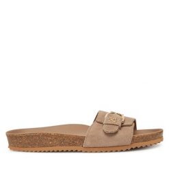 Klapki Tommy Hilfiger. Brązowe klapki TOMMY HILFIGER, bez wzorów, bez obcasa. Za 289.99 zł.
