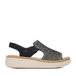 Sandały Rieker. Czarne sandały Rieker, bez wzorów, bez obcasa, na płaskiej podeszwie, bez zapięcia. Za 299.99 zł.