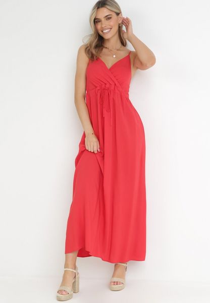 Czerwona Sukienka z Wiskozy Amanita. Czerwone sukienki Born2be, na lato, m, bez wzorów, z wiskozy, bez kołnierzyka, bez ramiączek, maxi, kopertowe. Za 64.99 zł.