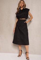 Czarny Komplet w Stylu Utility Koszula Cropped Bez Rękawów i Spódnica z Kieszeniami Notcha. Czarne koszule Renee, m, bez wzorów, klasyczne, bez kołnierzyka, bez ramiączek. Za 109.99 zł.