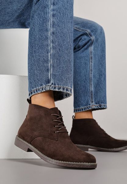 Ciemnobrązowe Klasyczne Botki Trzewiki Vices z Imitacji Zamszu Atavitta. Brązowe botki Born2be, z aplikacjami, z jeansu, bez obcasa, na płaskiej podeszwie, bez zapięcia. Za 89.99 zł.