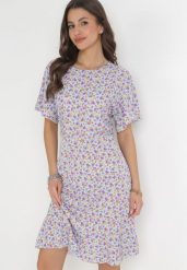 Niebieska Pudełkowa Sukienka w Kwiaty z Falbanką Temrance. Niebieskie sukienki Born2be, l, bez wzorów, bez kołnierzyka, bez ramiączek, midi. Za 39.99 zł.