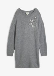 Sukienka dzianinowa z aplikacją. Szare sukienki bonprix, z aplikacjami, z dzianiny, bez kołnierzyka, bez ramiączek. Za 169.99 zł.