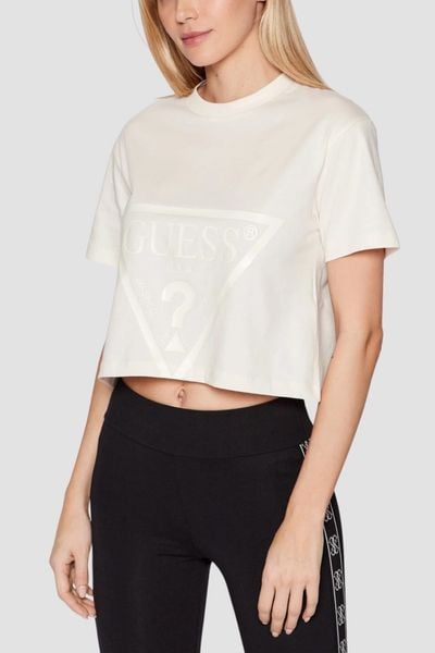 GUESS Kremowy bawełniany t-shirt damski Adele Crop, Rozmiar M. Brązowe t-shirty Guess, m, z aplikacjami, z bawełny, bez kołnierzyka, bez ramiączek. W wyprzedaży za 65.99 zł.