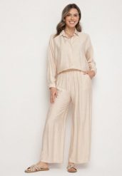 Beżowy Komplet o Kroju Oversize Koszula i Spodnie Ulosarenia. Brązowe koszule Born2be, l, z aplikacjami, eleganckie, bez kołnierzyka, bez ramiączek. Za 109.99 zł.
