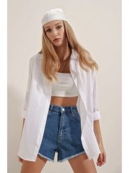 Trendyol Koszula w kolorze białym rozmiar: 42. Białe koszule Trendyol, bez wzorów, z bawełny, bez kołnierzyka, bez ramiączek. Za 100.99 zł.