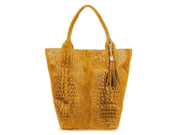 Shopper bag skórzany croco musztardowy L94. Szare shopper z aplikacjami, z materiału, małe, zamszowe, bez dodatków. Za 209.90 zł.