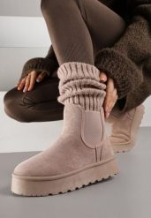 Ciemnobeżowe Śniegowce na Platformie Typu Sztyblety Ahelina. Brązowe trapery i śniegowce Renee, z jeansu. Za 89.99 zł.