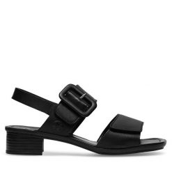 Sandały Rieker. Czarne sandały Rieker, bez wzorów, bez obcasa, na słupku, bez zapięcia. Za 299.99 zł.