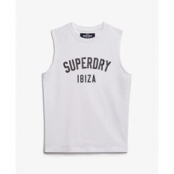 Damski tank top Superdry. Białe topy Superdry, bez wzorów, bez kołnierzyka, bez ramiączek. W wyprzedaży za 126.95 zł.