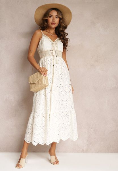 Beżowa Haftowana Sukienka z Bawełny na Cienkich Ramiączkach Ozdobiona Cekinami Helatia. Brązowe sukienki Renee, na lato, s, z aplikacjami, z bawełny, boho, bez kołnierzyka, bez ramiączek, maxi. Za 149.99 zł.