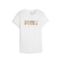 Koszulka damska PUMA ESS+ Graphic Tee. Białe bluzki Puma, xs, bez wzorów, sportowe, bez kołnierzyka, bez ramiączek. Za 68.99 zł.