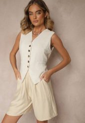 Beżowe Szorty z Wiskozy High Waist Ozdobione Paskiem Lumilirae. Brązowe szorty Renee, bez wzorów, z wiskozy, eleganckie, z podwyższonym stanem. Za 39.99 zł.