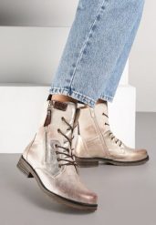 Złote Botki w Stylu Vintage ze Sznurowaniem Vemlora. Żółte botki Renee, bez wzorów, z jeansu, bez obcasa, na płaskiej podeszwie, bez zapięcia. Za 149.99 zł.