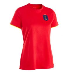 Koszulka piłkarska damska Kipsta FF100 Hiszpania 2024. Czerwone bluzki KIPSTA, l, bez wzorów, z bawełny, sportowe, bez kołnierzyka, bez ramiączek. W wyprzedaży za 39.99 zł.