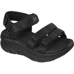 Sandały damskie Skechers D'lux Walker Sandal sea scape. Czarne sandały Skechers, bez wzorów, z materiału, bez obcasa, bez zapięcia. Za 490.00 zł.