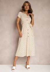 Beżowa Taliowana Sukienka z Wiskozą o Kroju Koszulowym z Guzikami i Paskiem Cosofia. Brązowe sukienki Renee, l, bez wzorów, z jeansu, eleganckie, bez kołnierzyka, bez ramiączek, midi, koszulowe. Za 129.99 zł.