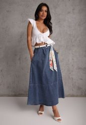 Granatowa Bawełniana Spódnica Jeansowa o Rozkloszowanym Kroju z Ozdobnym Paskiem Eatiane. Niebieskie spódnice Renee, l, bez wzorów, z bawełny, klasyczne, midi, dopasowane. Za 179.99 zł.