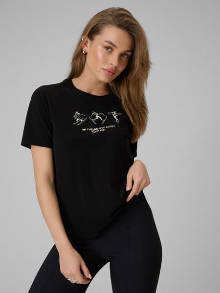 4F T-shirt regular z nadrukiem damski - czarna M. Czarne t-shirty 4f, m, bez wzorów, z bawełny, bez kołnierzyka, bez ramiączek. W wyprzedaży za 19.99 zł.