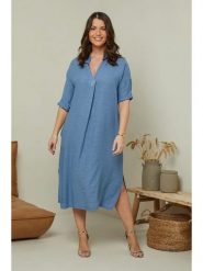 Curvy Lady Lniana sukienka w kolorze niebieskim rozmiar: 48/50. Niebieskie sukienki Curvy Lady, bez wzorów, ze lnu, klasyczne, bez kołnierzyka, bez ramiączek, midi. Za 145.26 zł.