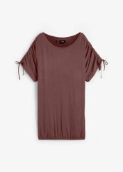 Bluzka z lejącej wiskozy. Brązowe bluzki bonprix, bez wzorów, z wiskozy, eleganckie, bez kołnierzyka, bez ramiączek. Za 67.99 zł.