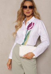 Biała Bawełniana Koszula z Printem w Kształcie Tulipana Aneida. Białe koszule Renee, l, bez wzorów, z bawełny, biznesowe, bez kołnierzyka, bez ramiączek. W wyprzedaży za 99.99 zł.