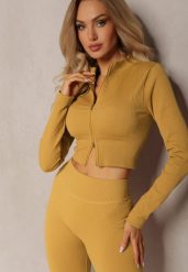 Żółta Prążkowana Bluza o Krótkim Fasonie Dwoma Suwakami Aloue. Żółte bluzy Renee, bez wzorów, z materiału, bez kaptura. W wyprzedaży za 35.99 zł.