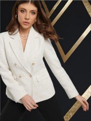 Marynarka dwurzędowa - kremowy. Białe marynarki i żakiety Sinsay, l, bez wzorów, z bawełny, casualowe. Za 89.99 zł.