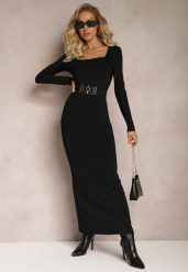 Czarna Dopasowana Sukienka Maxi z Kwadratowym Dekoltem Fioral. Czarne sukienki Renee, bez wzorów, bez kołnierzyka, bez ramiączek, maxi, dopasowane. Za 109.99 zł.