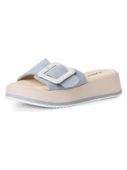 S.Oliver Skórzane klapki w kolorze błękitnym rozmiar: 36. Niebieskie klapki S.Oliver, bez wzorów, z otwartym noskiem, bez obcasa, na platformie. Za 173.99 zł.