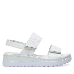 Sandały Rieker. Białe sandały Rieker, bez wzorów, bez obcasa, na koturnie, bez zapięcia. Za 259.99 zł.