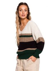 Made of emotion Sweter w kolorze beżowo-czarnym ze wzorem rozmiar: S/M. Brązowe swetry Made Of Emotion, m, bez wzorów, ze splotem, bez ramiączek. Za 132.05 zł.