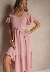 Różowa Rozkloszowana Sukienka z Wiskozą w Casualowym Stylu Filarenna. Czerwone sukienki Renee, na co dzień, l, bez wzorów, z wiskozy, eleganckie, bez kołnierzyka, bez ramiączek, midi, rozkloszowane. Za 54.99 zł.