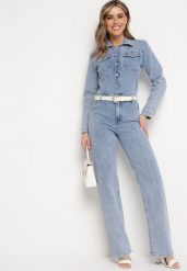Niebieski Jeansowy Kombinezon z Bawełny z Długim Rękawem i Spodniami Zapinany na Guziki Lystar. Niebieskie sukienki Born2be, na co dzień, l, bez wzorów, z bawełny, eleganckie, bez kołnierzyka, bez ramiączek, proste. Za 219.99 zł.