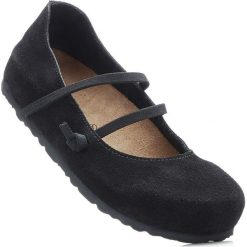 Wygodne baleriny skórzane z paskiem bonprix czarny. Czarne baleriny bonprix, bez wzorów, ze skóry, bez obcasa. Za 124.99 zł.