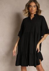 Czarna Rozkloszowana Sukienka z Wiskozą i Falbanami Eviranna. Czarne sukienki Renee, na co dzień, na lato, bez wzorów, z wiskozy, eleganckie, bez kołnierzyka, bez ramiączek, midi, rozkloszowane. Za 59.99 zł.
