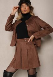 Brązowa Rozkloszowana Spódnica z Ekozamszu z Plisami w Stylu Preppy Sealia. Brązowe spódnice Renee, do pracy, l, bez wzorów, biznesowe, mini, dopasowane. Za 84.99 zł.