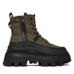 Botki Palladium. Zielone botki Palladium, bez wzorów, bez obcasa, na płaskiej podeszwie, bez zapięcia. Za 419.99 zł.