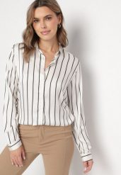 Biało-Czarna Koszula w Delikatne Paski z Podpinanymi Rękawami Berraza. Białe koszule Born2be, l, bez wzorów, z jeansu, eleganckie, bez kołnierzyka, bez ramiączek. Za 59.99 zł.