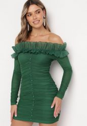 Ciemnozielona Dopasowana Sukienka Hiszpanka z Falbanką Turlia. Zielone sukienki Born2be, m, z aplikacjami, bez kołnierzyka, bez ramiączek, mini, dopasowane. Za 169.99 zł.