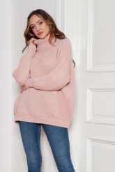 Oversizowy Sweter z Luźnym Golfem - Różowy. Czerwone golfy Lanti, uniwersalny, bez wzorów, z materiału, bez ramiączek. Za 249.90 zł.