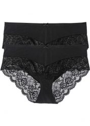 Figi panty (2 pary). Czarne figi bonprix, bez wzorów, z koronki. Za 67.99 zł.