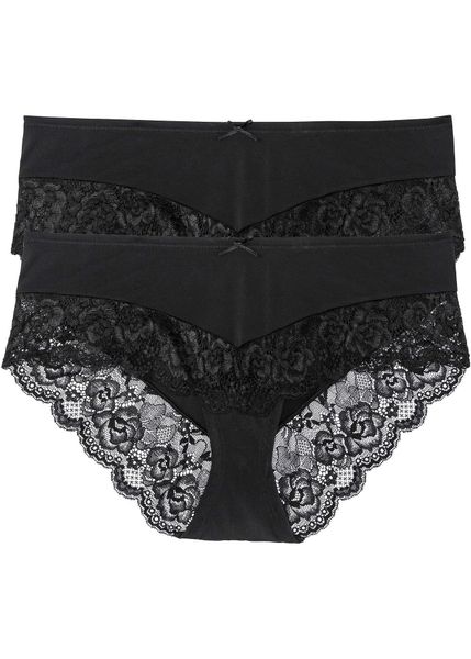 Figi panty (2 pary). Czarne figi bonprix, bez wzorów, z koronki. Za 62.99 zł.