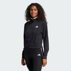 Bluza dresowa Essentials Color Pop French Terry Crop Quarter-Zip. Czarne bluzy Adidas, m, bez wzorów, z dresówki, bez kaptura. W wyprzedaży za 149.40 zł.