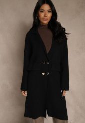 Czarny Płaszcz Dwurzędowy o Długim Kroju w Eleganckim Stylu Saratusa. Czarne płaszcze Renee, bez wzorów, z jeansu, bez kaptura. Za 139.99 zł.