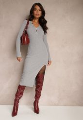 Szara Prążkowana Sukienka o Dopasowanym Kroju Ozdobiona Metalicznymi Napami Felirra. Szare sukienki Renee, na imprezę, m, bez wzorów, prążkowane, eleganckie, bez kołnierzyka, bez ramiączek, midi, dopasowane. Za 79.99 zł.