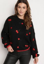 Czarny Sweter z Domieszką Wełny z Motywem Wisienek Sintovia. Czarne swetry Born2be, l, bez wzorów, z wełny, bez ramiączek. W wyprzedaży za 135.99 zł.